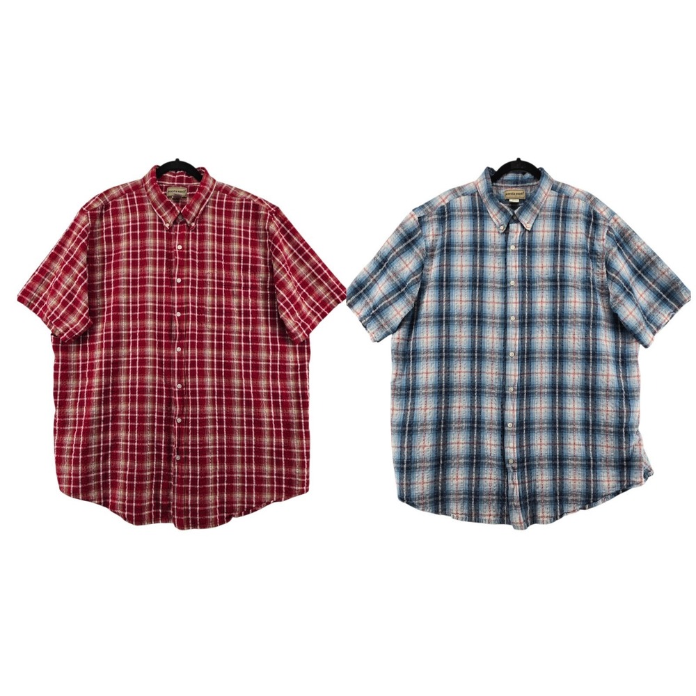 2 Vtg Scandia Woods Men's Plaid Button Down SS Shirts Sz 3XL Red Blue Seersucker